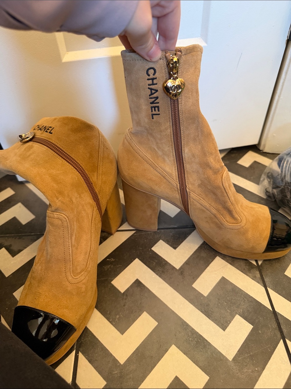 CHANEL Tan Suede Ankle Boots with Black Patent Cap Toe - Picture 3 of 5